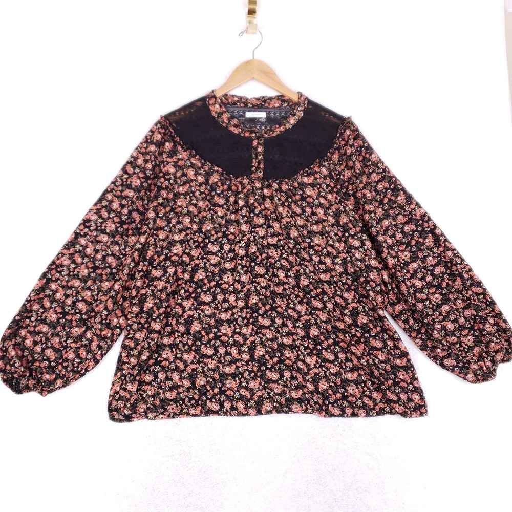Maurices Floral Lace Yoke Blouse XL 1X Black Pink Boho Peasant Long Sleeve‎ Top